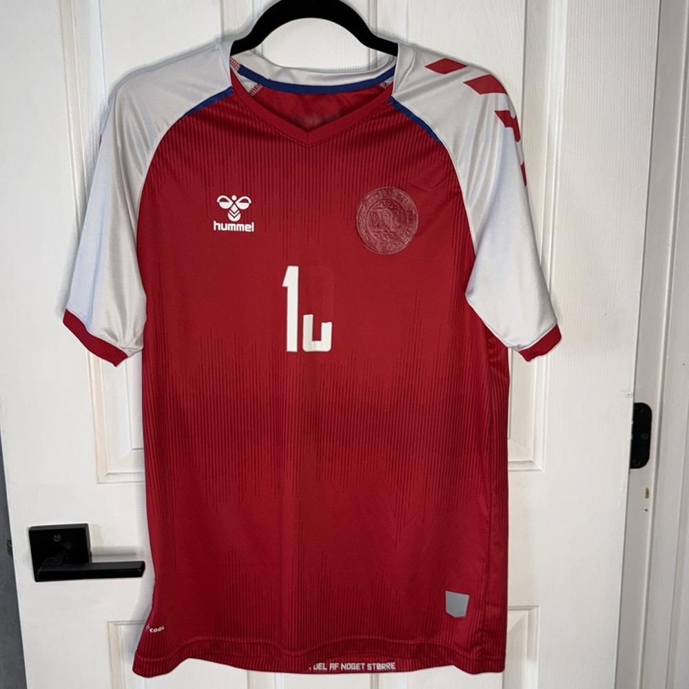 Denmark Hummel Red and White Short-Sleeve Soccer Shirt